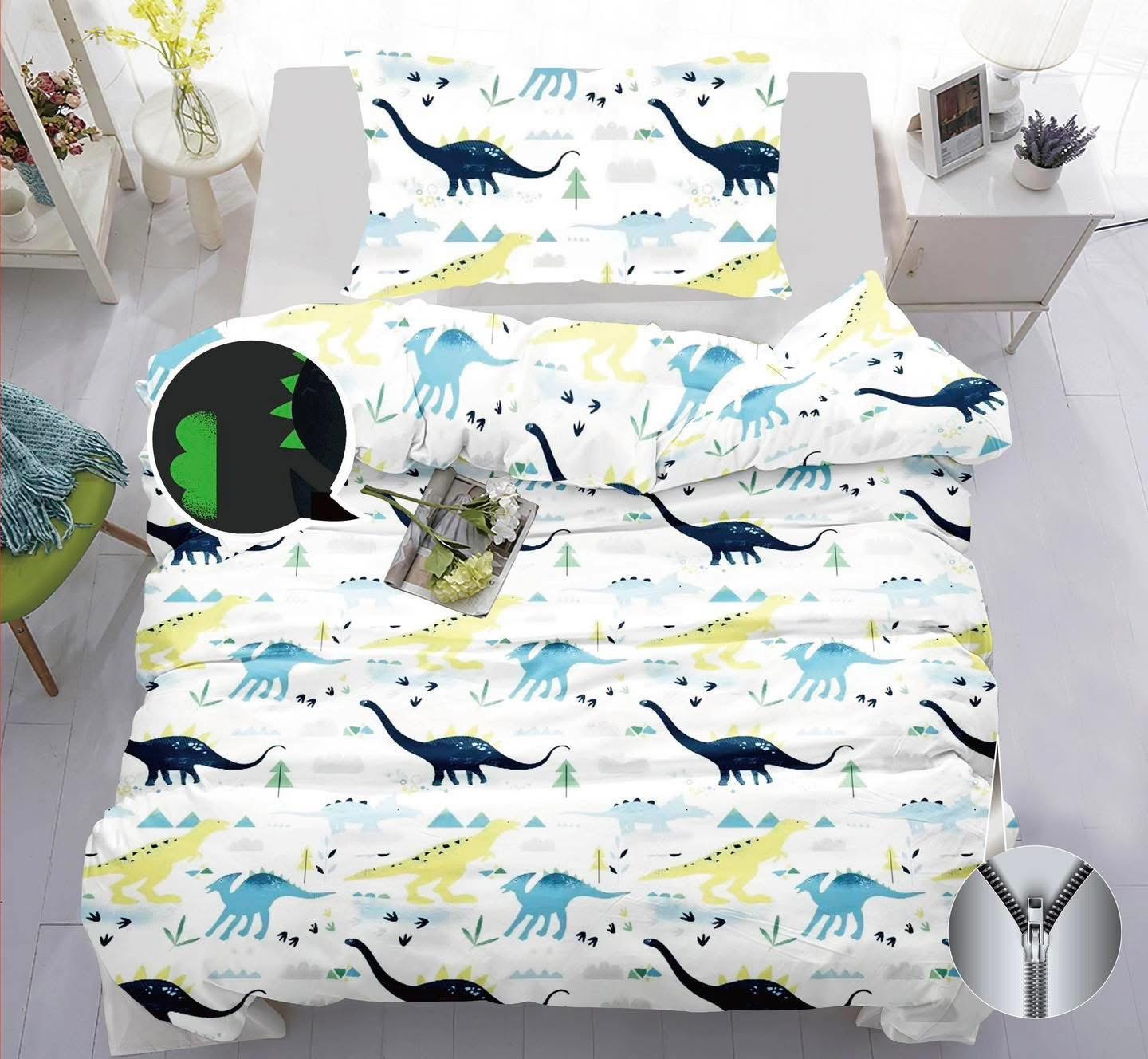 BAVLNENÉ OBLIEČKY SVIETIACE - DINOSAURI 140x200/70x90